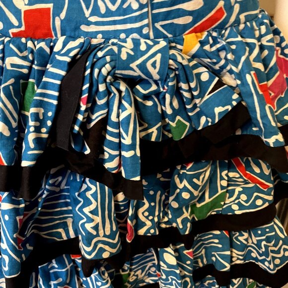 90s Vintage Blue Black Crazy Print Strapless Mini Dress with Tiered Ruffle Skirt - Picture 4 of 5